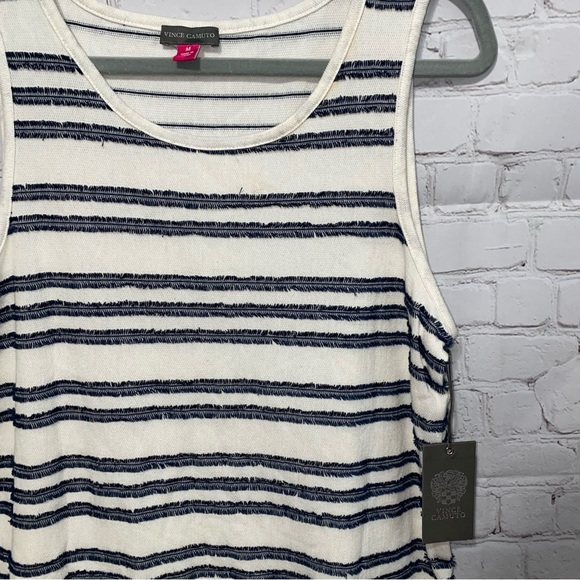 VINCE CAMUTO Women's Ivory/navy Fringe-striped Tassel-hem Sheath Dress SZ M. - Picture 4 of 11